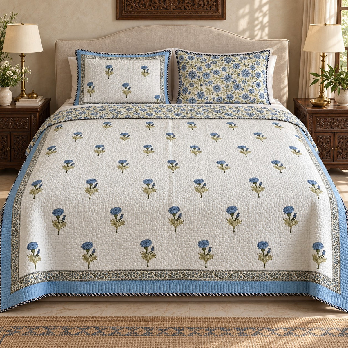 Blue Marigold Reversible Quilted Bedcover - BC_QT_KS_005 - hero