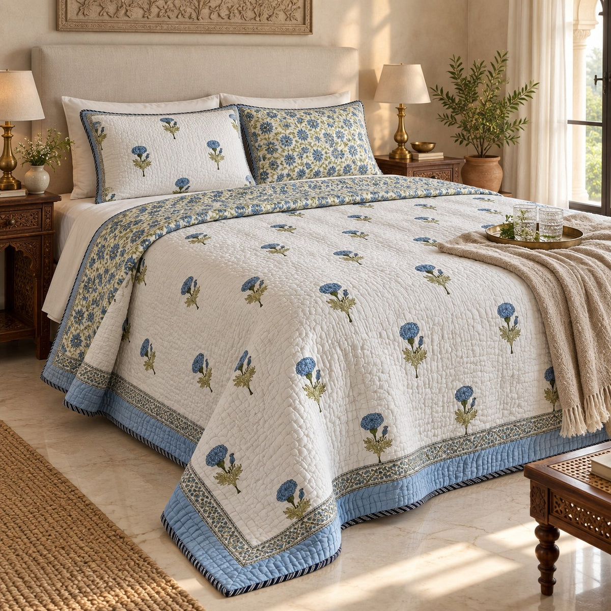 Blue Marigold Reversible Quilted Bedcover - BC_QT_KS_005 - editorial three-quarter