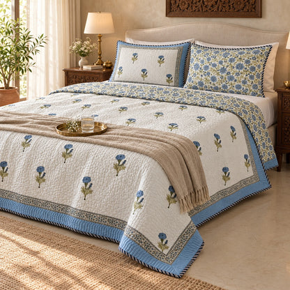 Blue Marigold Reversible Quilted Bedcover - BC_QT_KS_005 - full print flat lay
