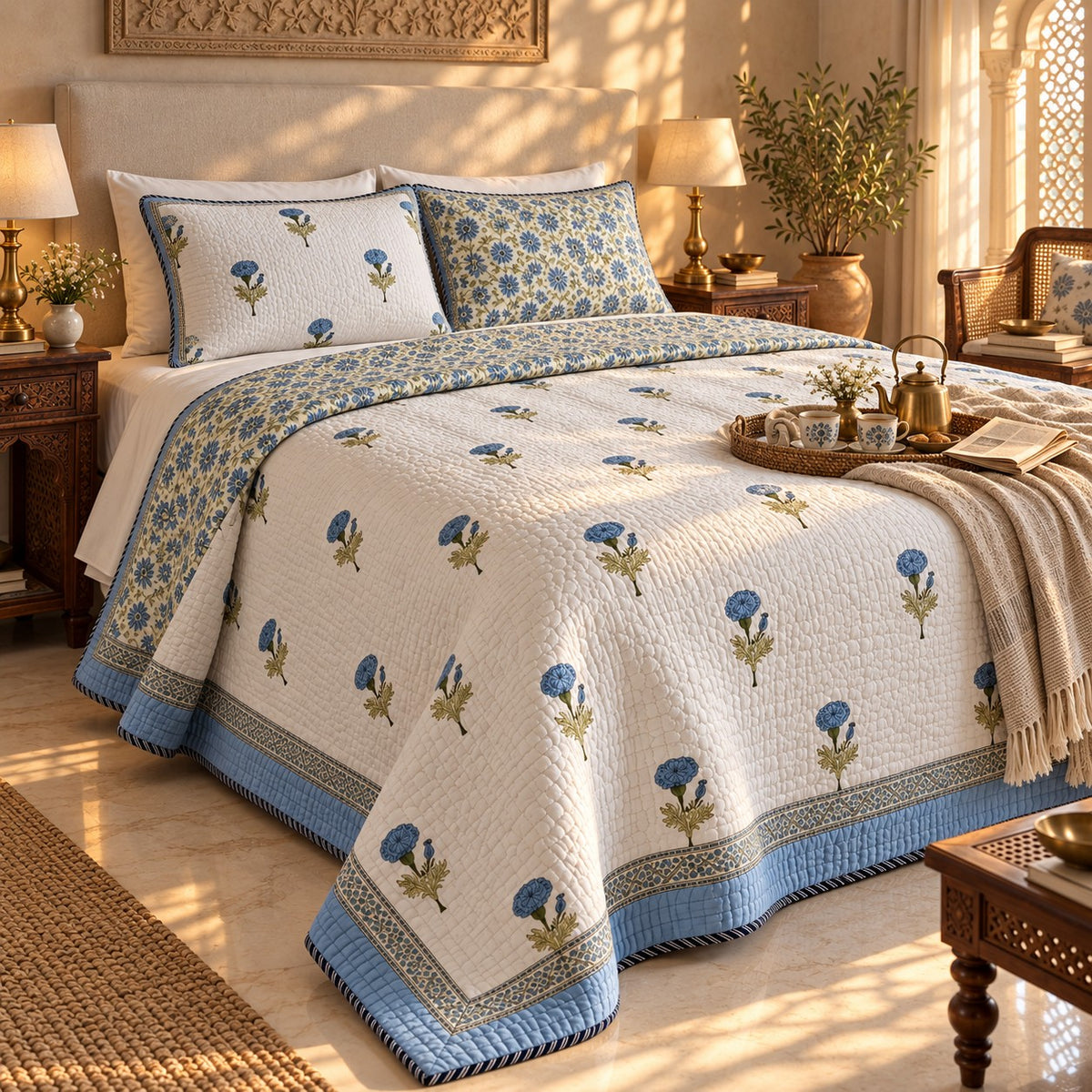 Blue Marigold Reversible Quilted Bedcover - BC_QT_KS_005 - golden hour lifestyle
