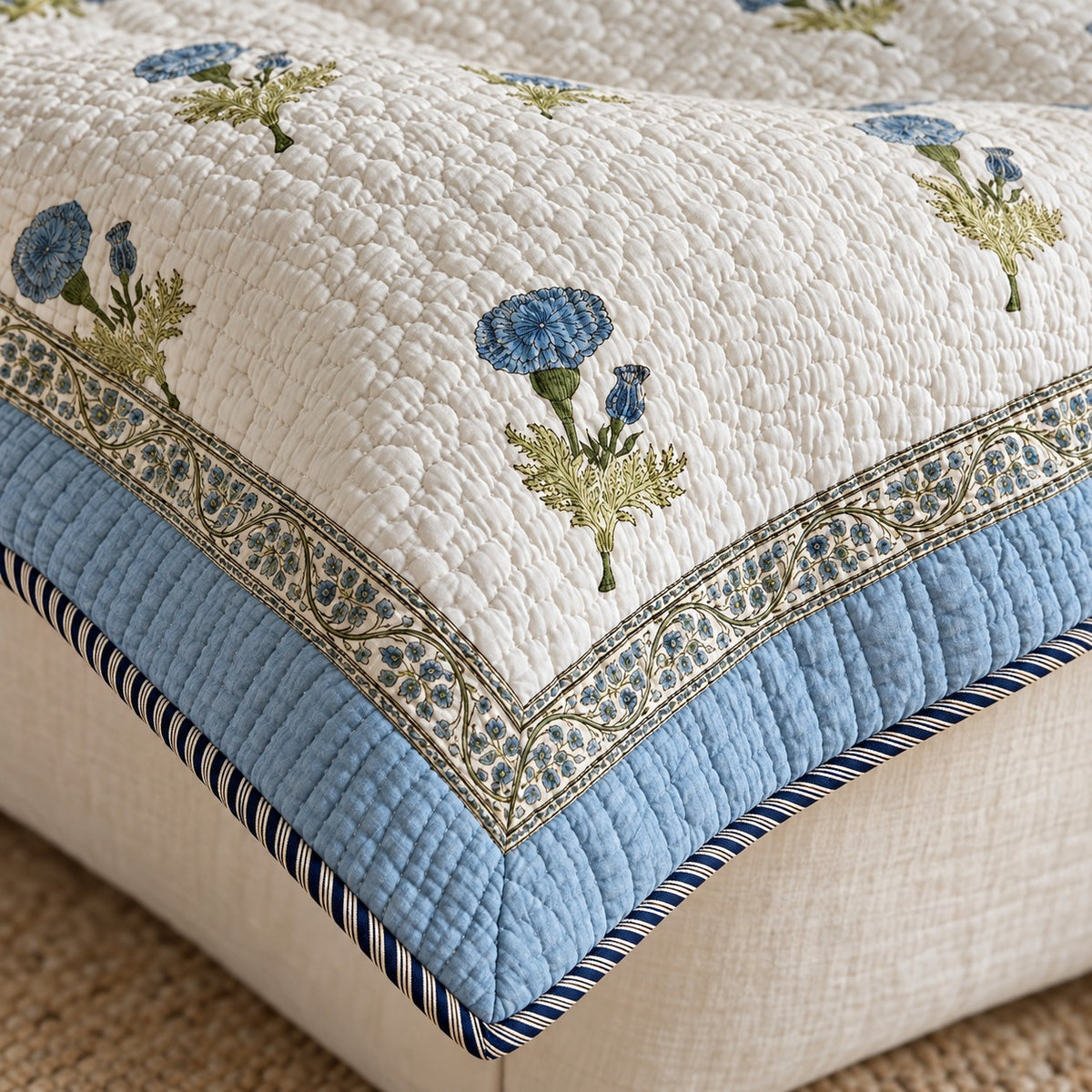 Blue Marigold Reversible Quilted Bedcover - BC_QT_KS_005 - border and motif detail