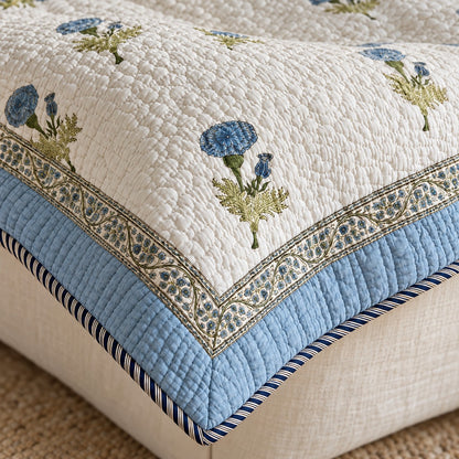 Blue Marigold Reversible Quilted Bedcover - BC_QT_KS_005 - border and motif detail