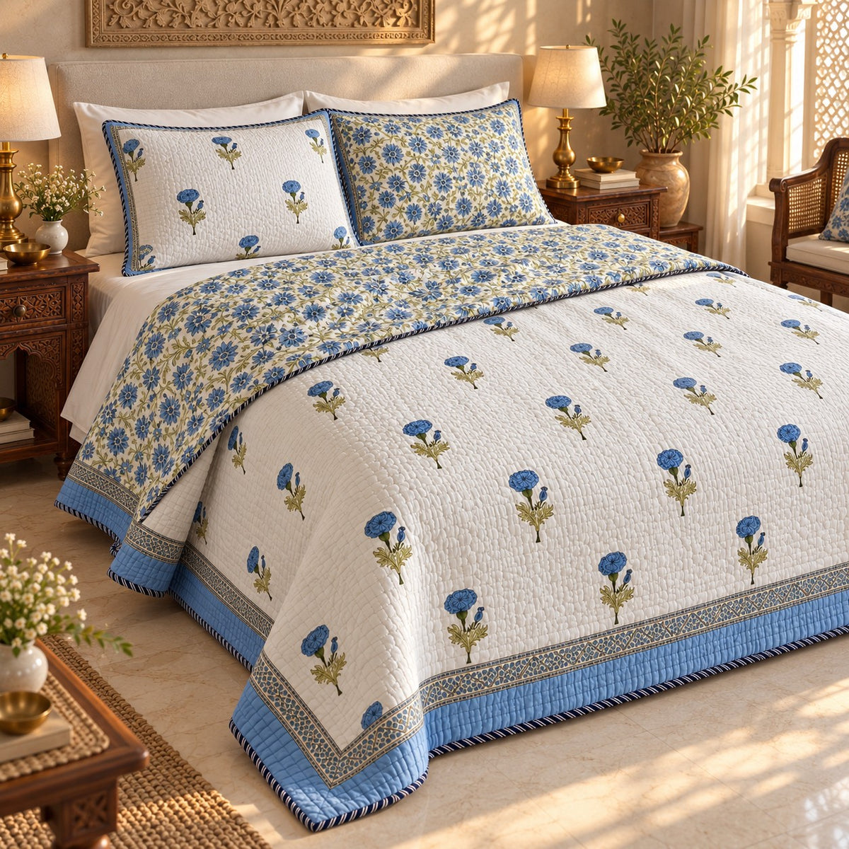 Blue Marigold Reversible Quilted Bedcover - BC_QT_KS_005 - reversible design