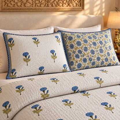 Blue Marigold Reversible Quilted Bedcover - BC_QT_KS_005 - pillow covers