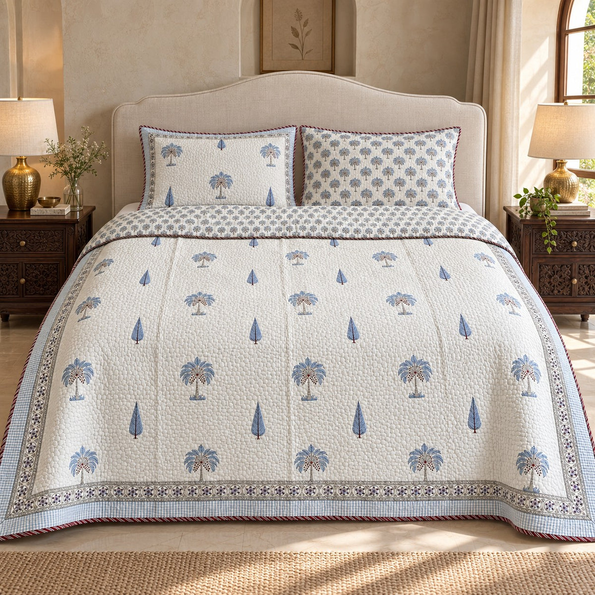 Blue Palm & Cypress Reversible Quilted Bedcover - BC_QT_KS_006 - hero
