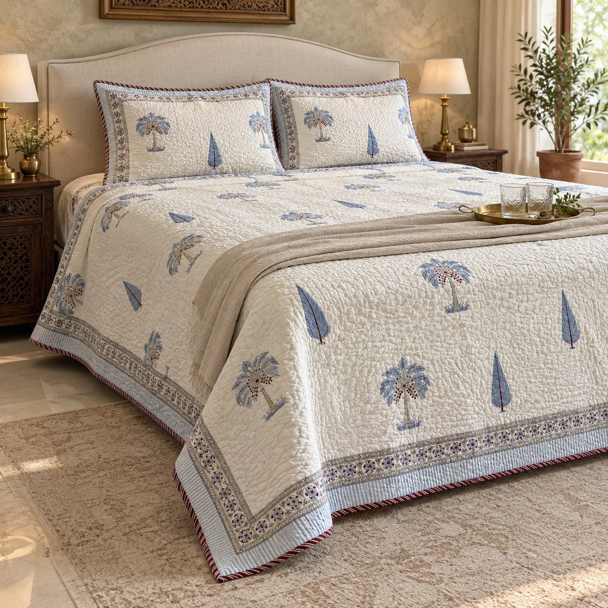Blue Palm & Cypress Reversible Quilted Bedcover - BC_QT_KS_006 - editorial three-quarter
