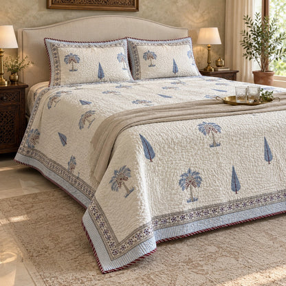 Blue Palm & Cypress Reversible Quilted Bedcover - BC_QT_KS_006 - editorial three-quarter