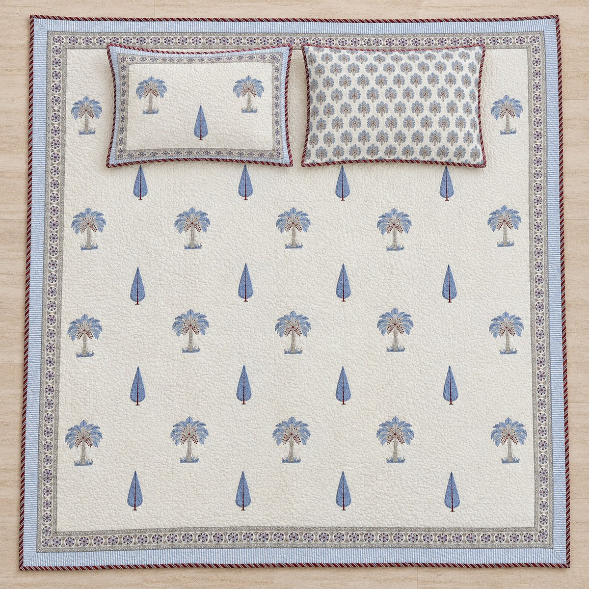 Blue Palm & Cypress Reversible Quilted Bedcover - BC_QT_KS_006 - full print flat lay
