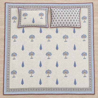 Blue Palm & Cypress Reversible Quilted Bedcover - BC_QT_KS_006 - full print flat lay
