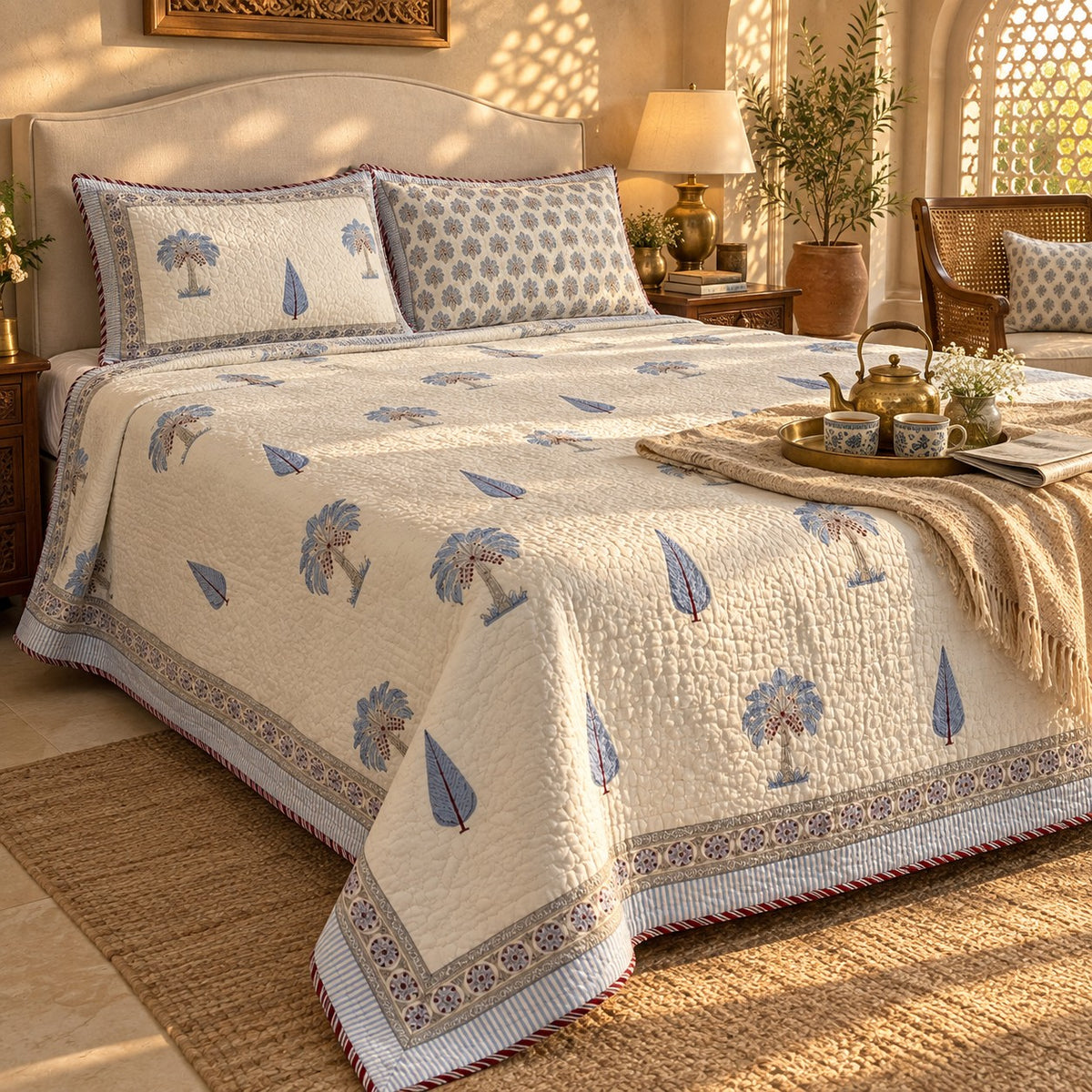 Blue Palm & Cypress Reversible Quilted Bedcover - BC_QT_KS_006 - golden hour lifestyle