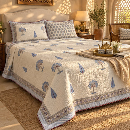 Blue Palm & Cypress Reversible Quilted Bedcover - BC_QT_KS_006 - golden hour lifestyle