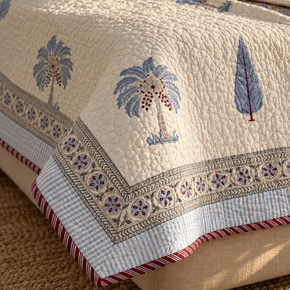 Blue Palm & Cypress Reversible Quilted Bedcover - BC_QT_KS_006 - border and motif detail
