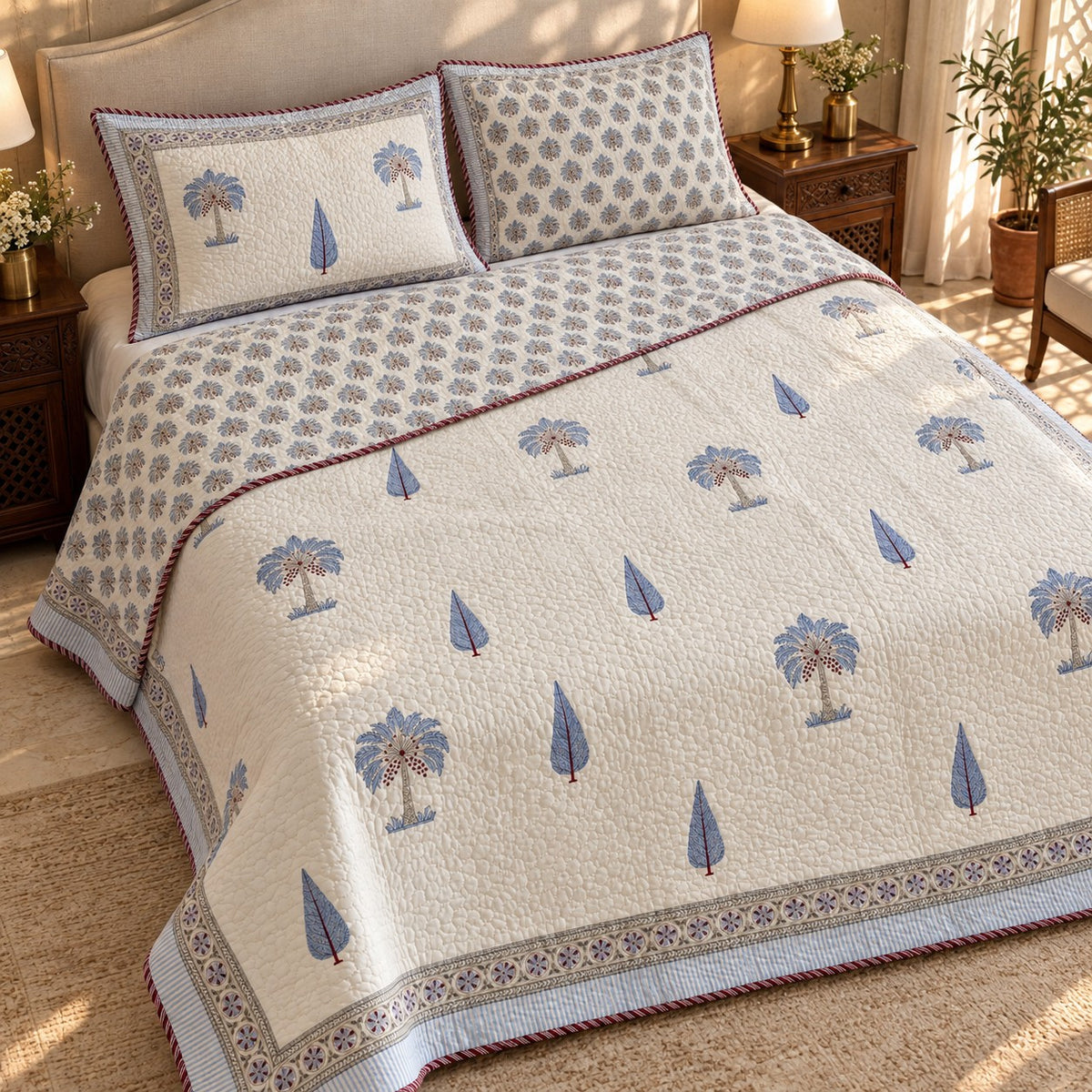 Blue Palm & Cypress Reversible Quilted Bedcover - BC_QT_KS_006 - reversible design