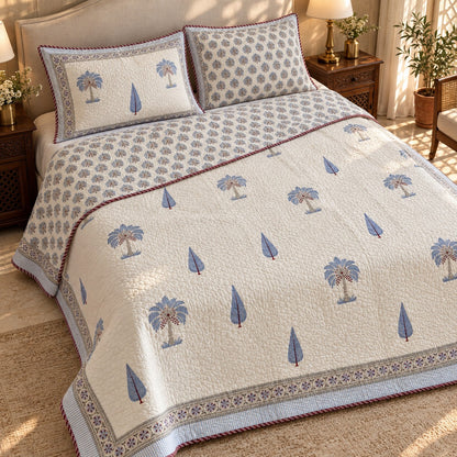 Blue Palm & Cypress Reversible Quilted Bedcover - BC_QT_KS_006 - reversible design