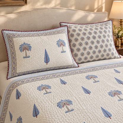 Blue Palm & Cypress Reversible Quilted Bedcover - BC_QT_KS_006 - pillow covers