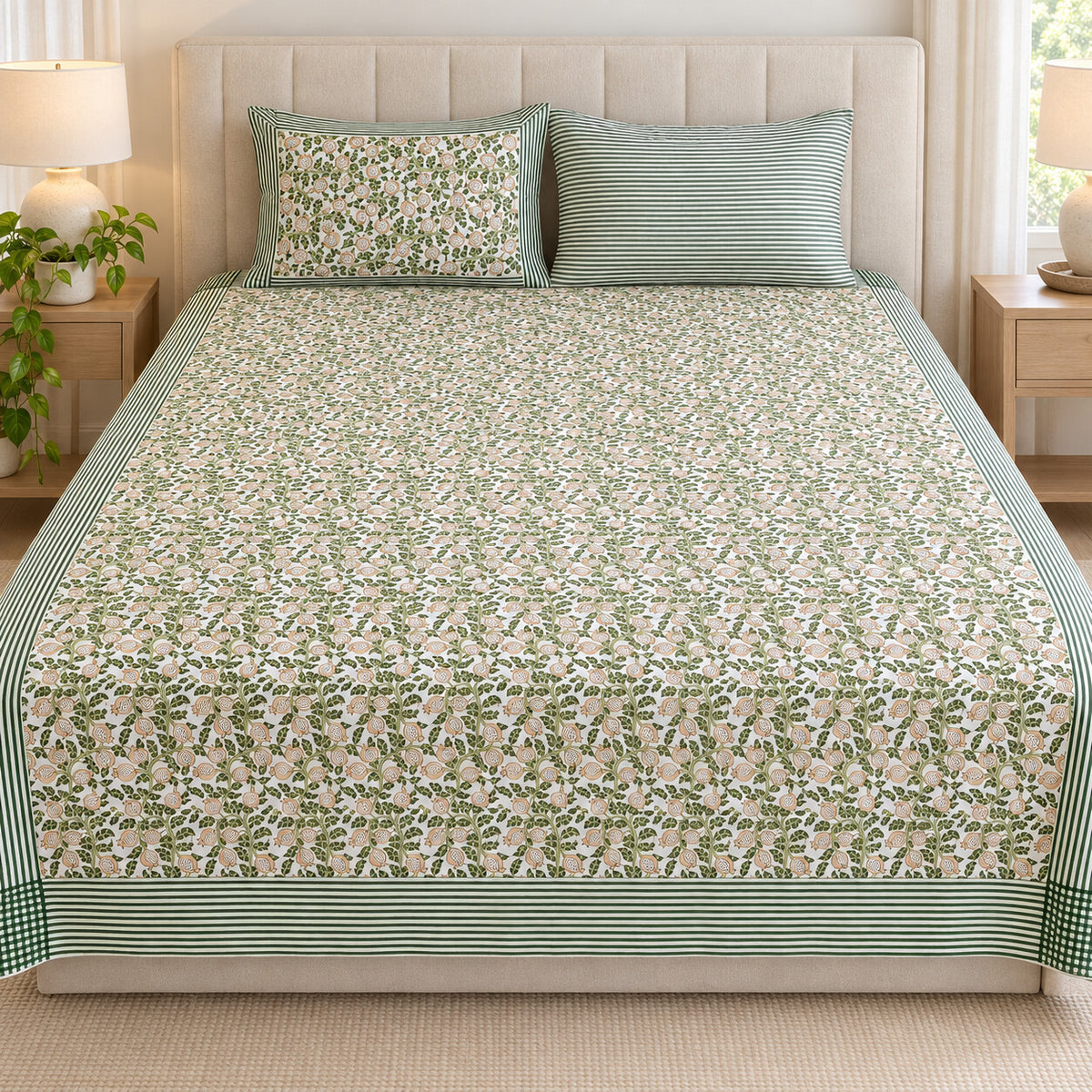 Sage Pomegranate Vine Khwaab Bedsheet - BS_KH_KS_001 - hero