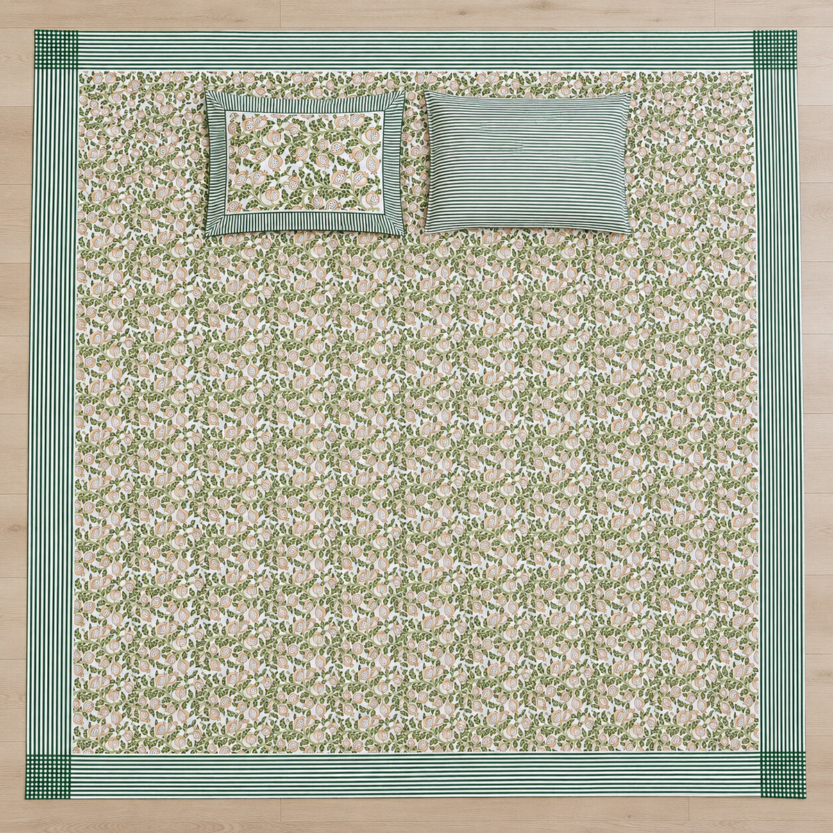 Sage Pomegranate Vine Khwaab Bedsheet - BS_KH_KS_001 - full print flat lay