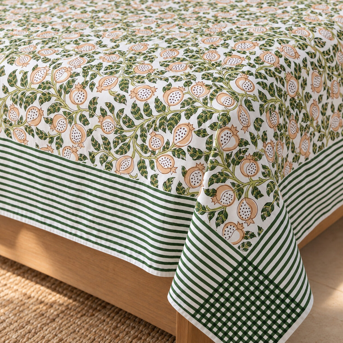 Sage Pomegranate Vine Khwaab Bedsheet - BS_KH_KS_001 - corner and fabric close-up