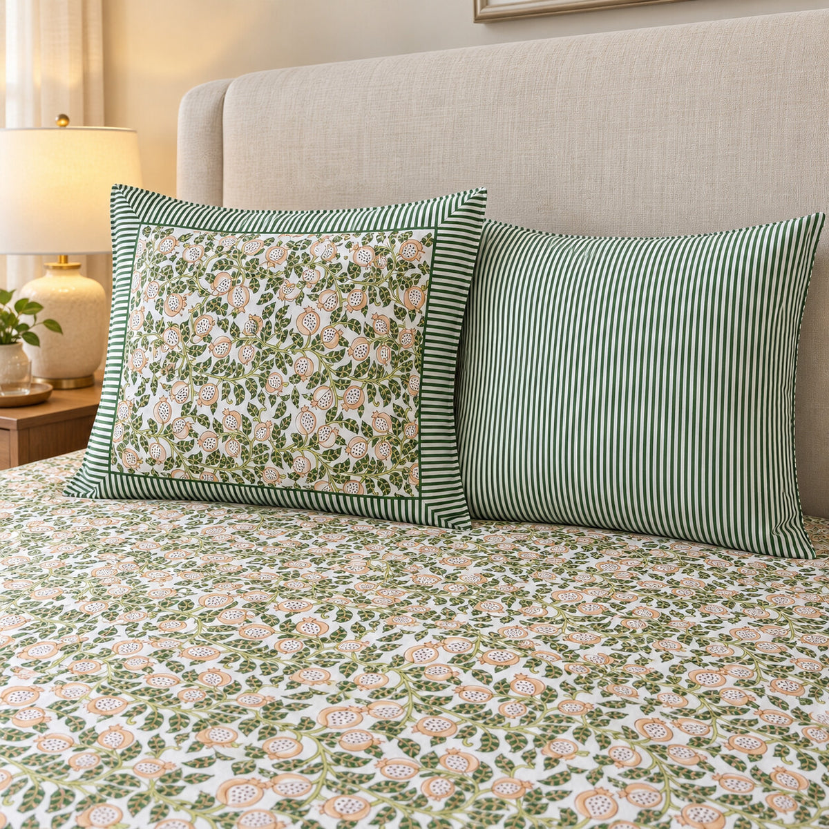 Sage Pomegranate Vine Khwaab Bedsheet - BS_KH_KS_001 - pillow covers