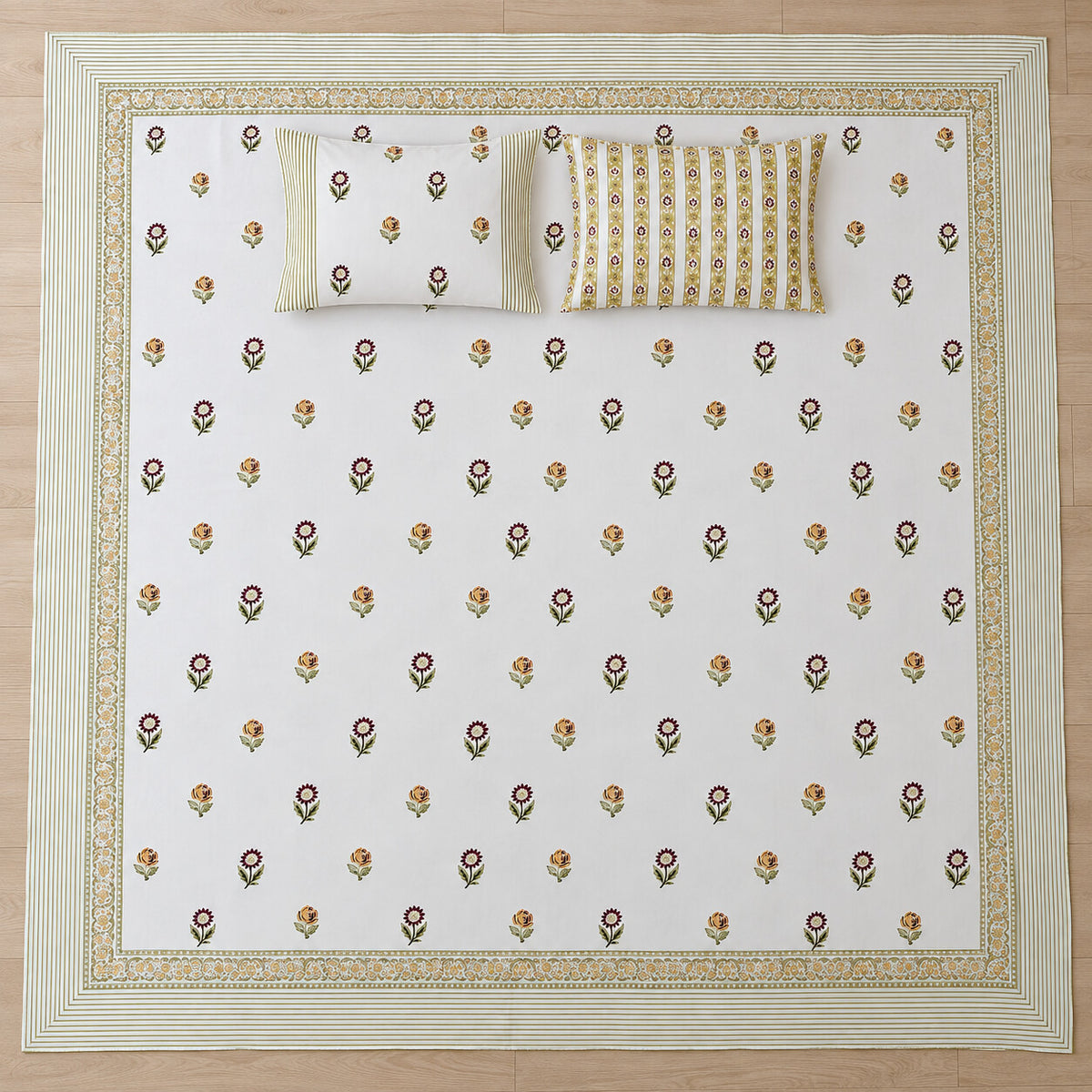 Plum Sunflower Buti Khwaab Bedsheet - BS_KH_KS_004 - full print flat lay