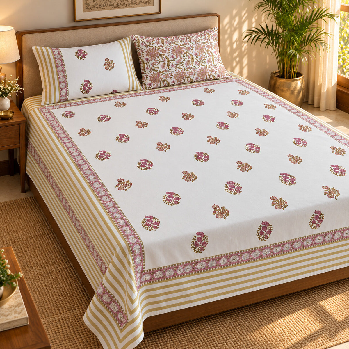 Mauve Bouquet Khwaab Bedsheet - BS_KH_KS_005 - golden hour lifestyle