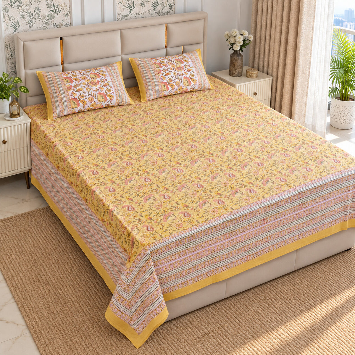 Sunny Yellow Floral Naaz Bedsheet - BS_NZ_KS_002 - hero