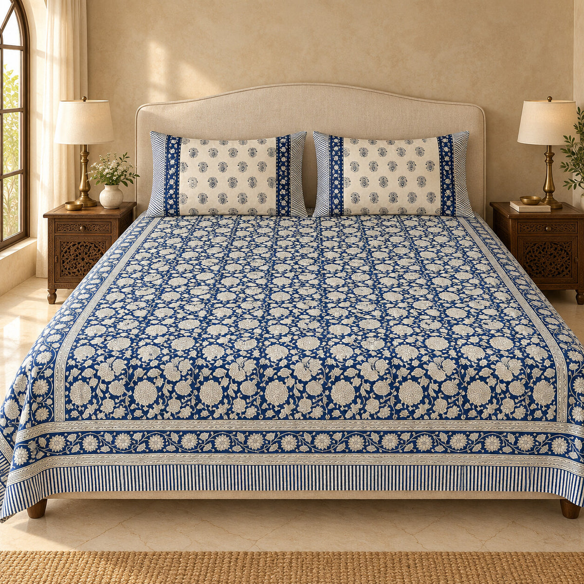 Indigo Floral Jaal Naaz Bedsheet - BS_NZ_KS_003 - hero