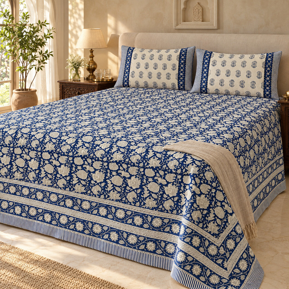 Indigo Floral Jaal Naaz Bedsheet - BS_NZ_KS_003 - editorial 3/4 view