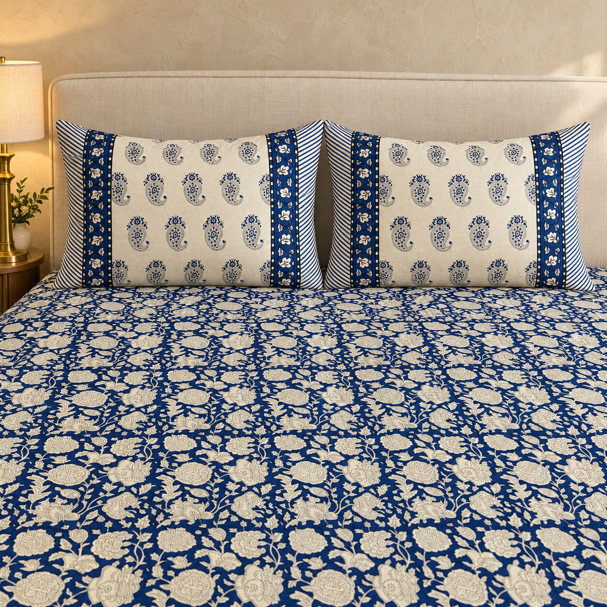Indigo Floral Jaal Naaz Bedsheet - BS_NZ_KS_003 - pillow covers