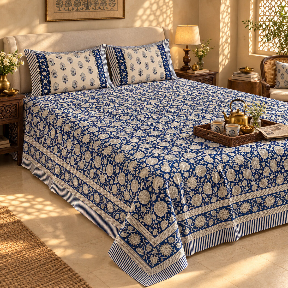 Indigo Floral Jaal Naaz Bedsheet - BS_NZ_KS_003 - golden hour
