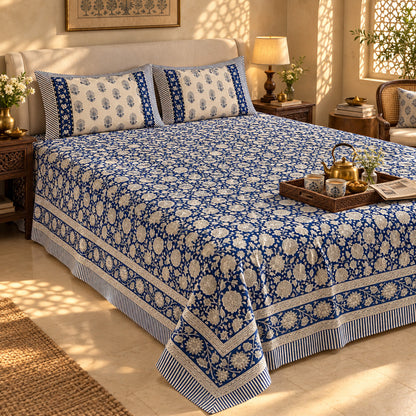 Indigo Floral Jaal Naaz Bedsheet - BS_NZ_KS_003 - golden hour