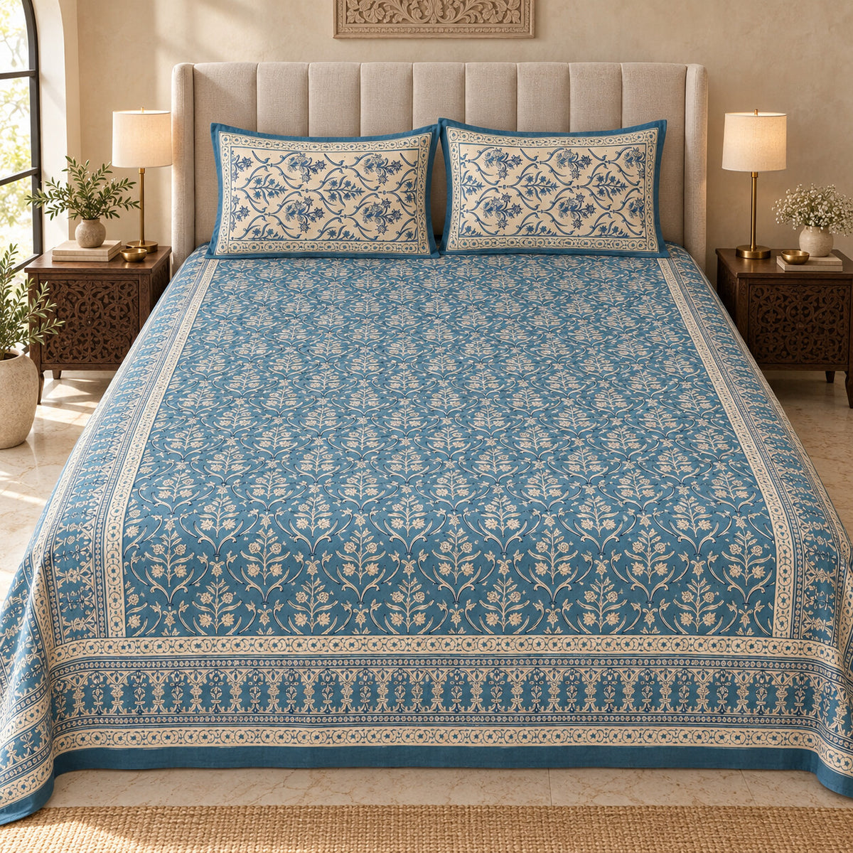 Sky Blue Floral Jaal Naaz Bedsheet - BS_NZ_KS_004 - hero