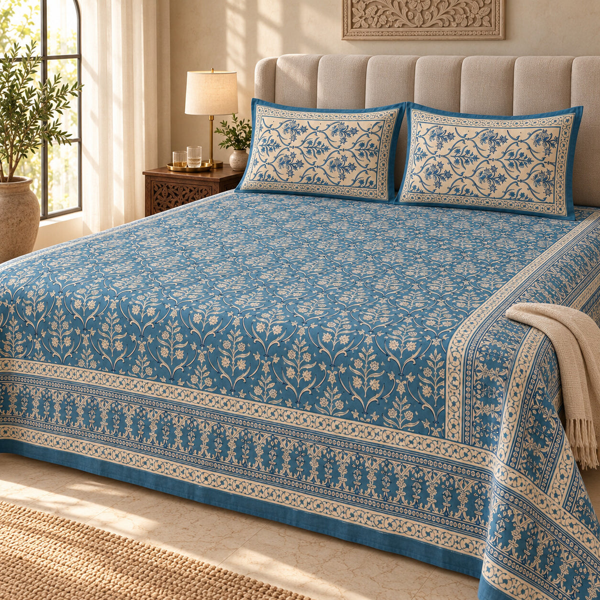 Sky Blue Floral Jaal Naaz Bedsheet - BS_NZ_KS_004 - editorial 3/4 view
