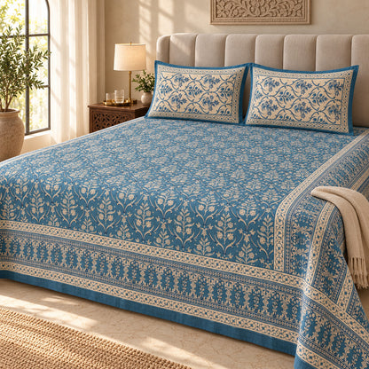 Sky Blue Floral Jaal Naaz Bedsheet - BS_NZ_KS_004 - editorial 3/4 view