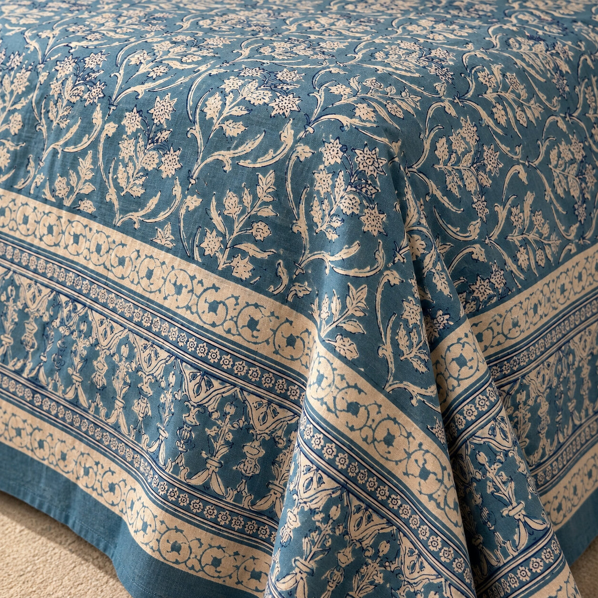 Sky Blue Floral Jaal Naaz Bedsheet - BS_NZ_KS_004 - fabric close-up