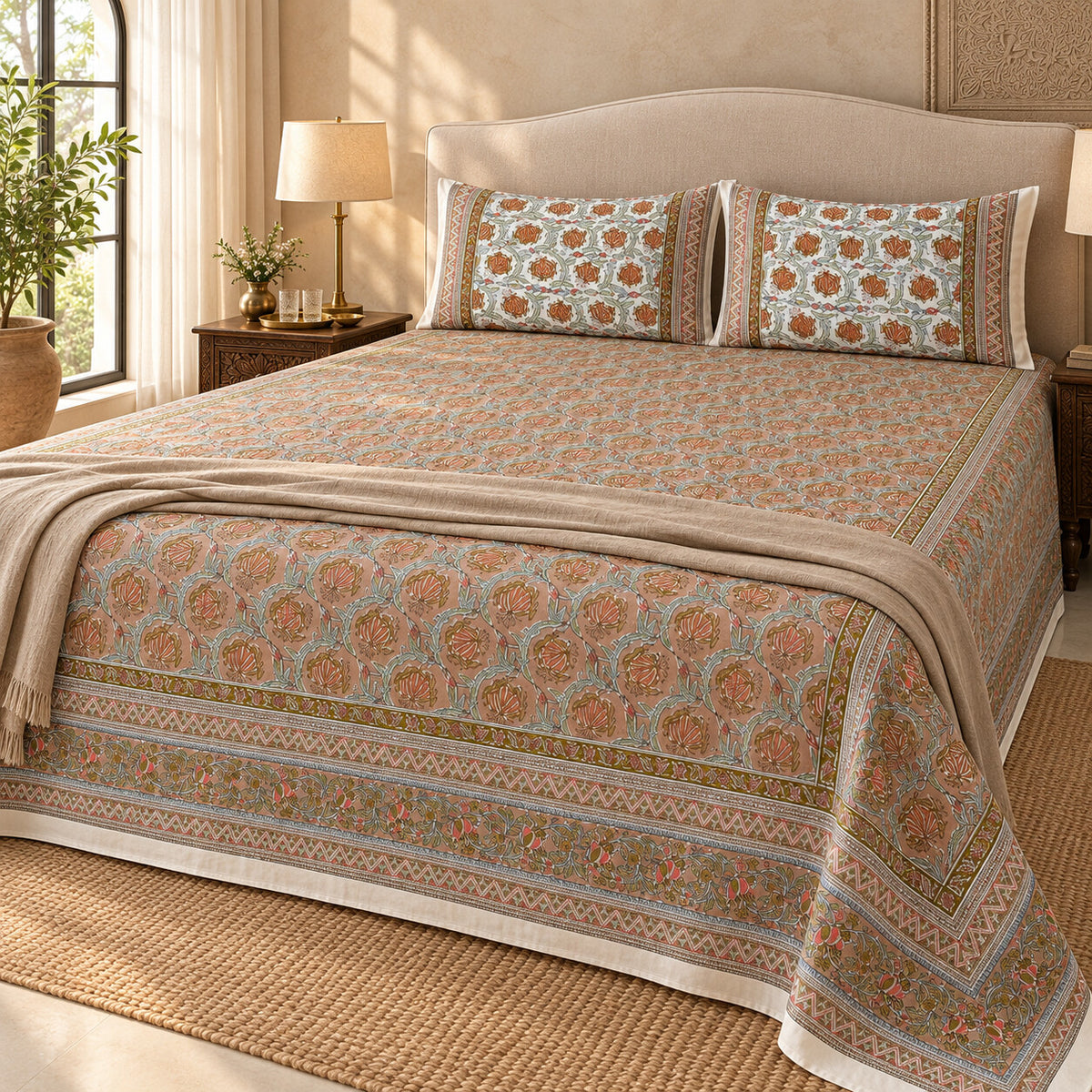 Terracotta Blossom Jaal Naaz Bedsheet - BS_NZ_KS_005 - editorial 3/4 view