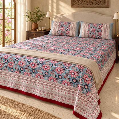 Rose Blue Blossom Naaz Bedsheet - BS_NZ_KS_006 - editorial 3/4 view