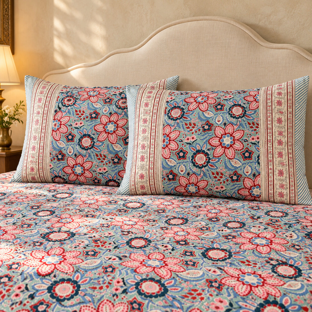 Rose Blue Blossom Naaz Bedsheet - BS_NZ_KS_006 - pillow covers