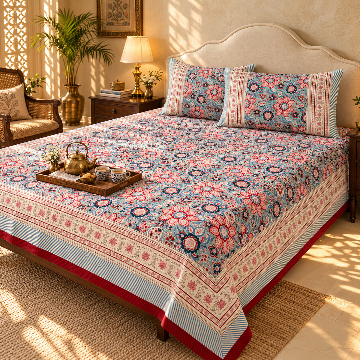 Rose Blue Blossom Naaz Bedsheet - BS_NZ_KS_006 - golden hour