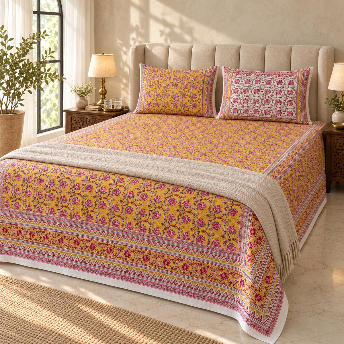 Mustard Rosebud Jaal Naaz Bedsheet - BS_NZ_KS_007 - editorial 3/4 view