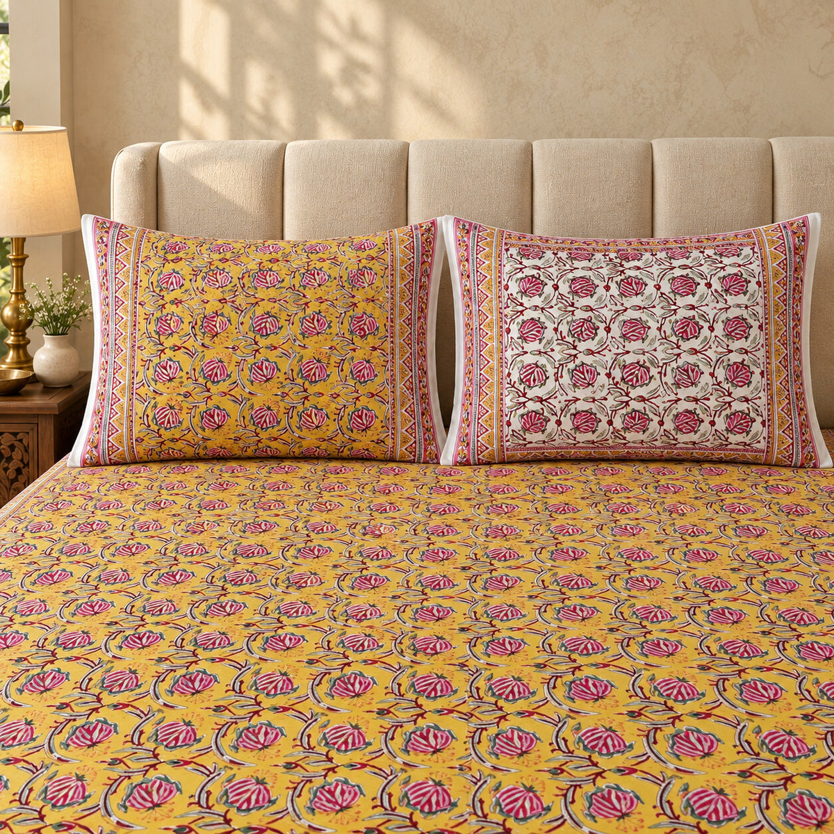 Mustard Rosebud Jaal Naaz Bedsheet - BS_NZ_KS_007 - pillow covers
