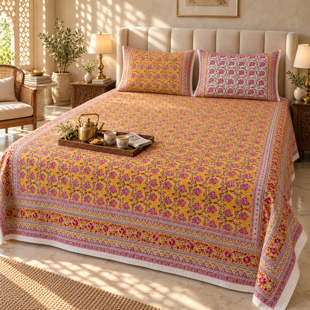 Mustard Rosebud Jaal Naaz Bedsheet - BS_NZ_KS_007 - golden hour