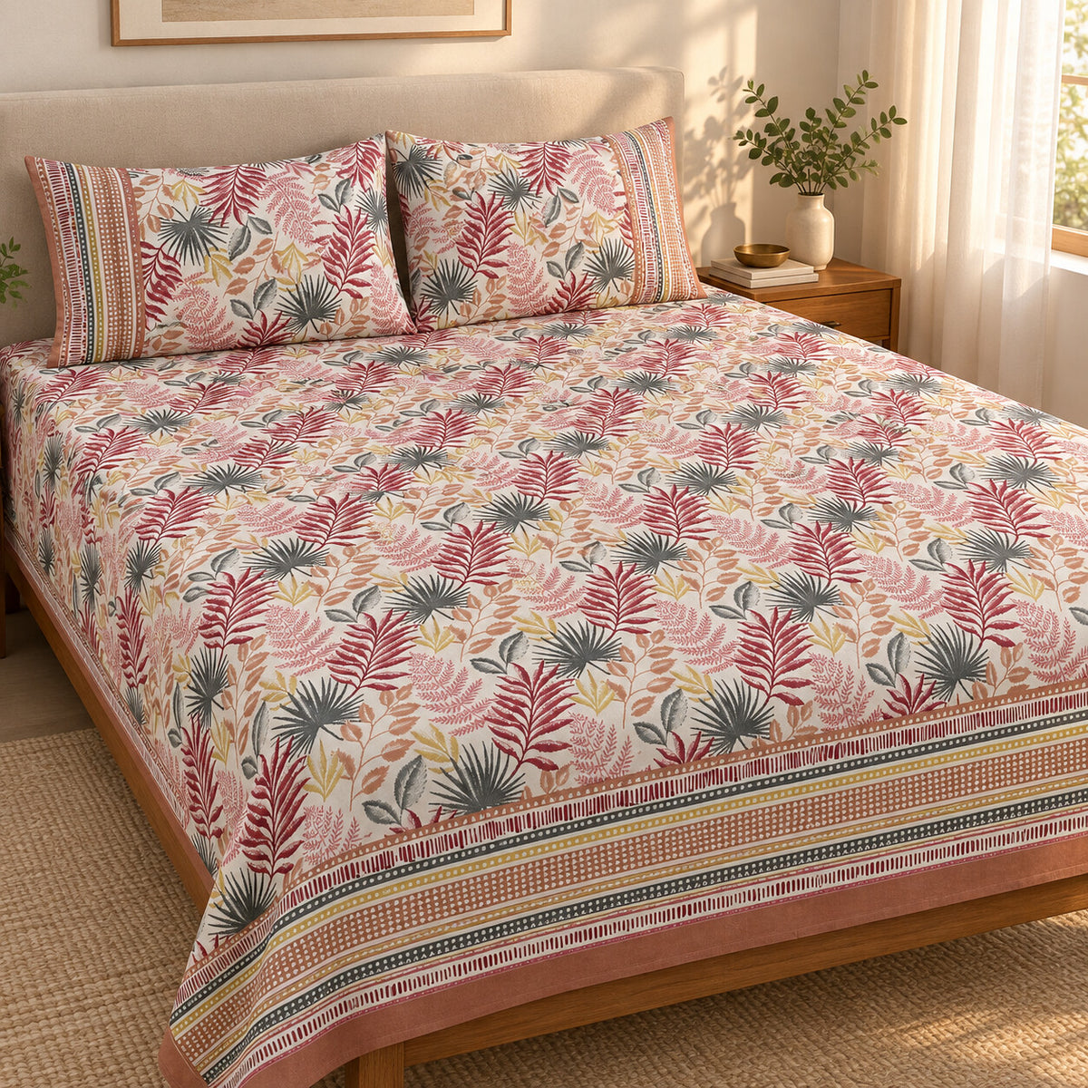 Pink Fern Rangrez Bedsheet - BS_RZ_KS_001 - golden hour