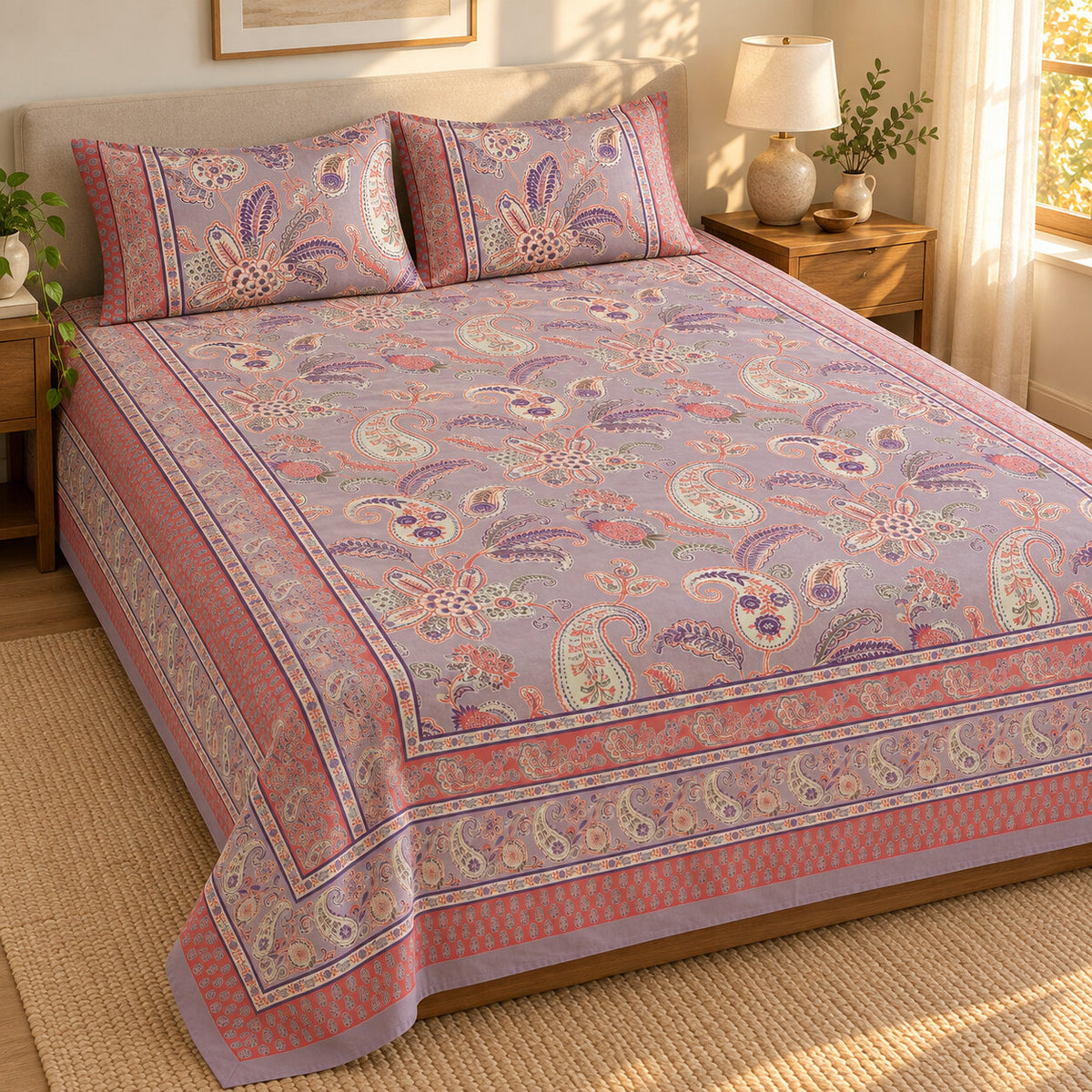 Mauve Paisley Rangrez Bedsheet - BS_RZ_KS_006 - golden hour