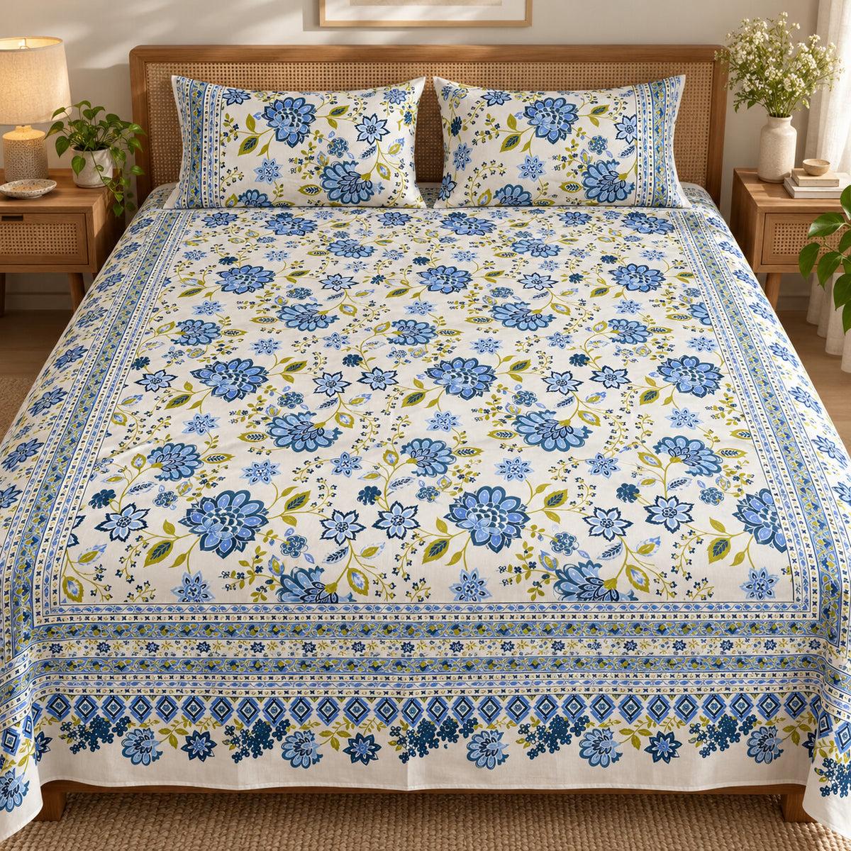 Blue Blossom Rangrez Bedsheet - BS_RZ_KS_007 - bed lifestyle