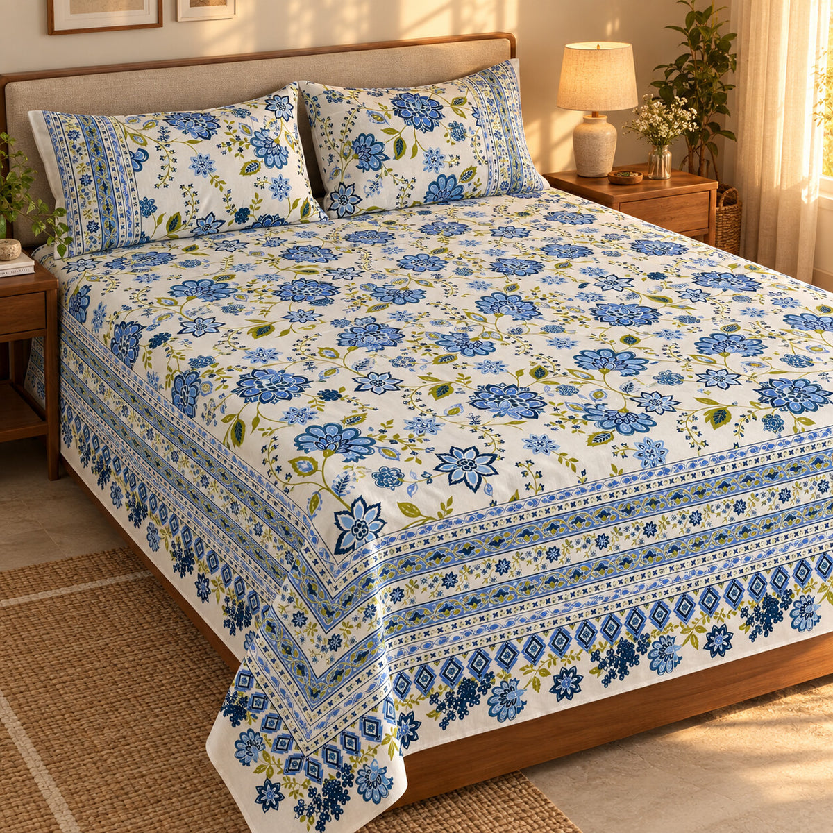 Blue Blossom Rangrez Bedsheet - BS_RZ_KS_007 - golden hour