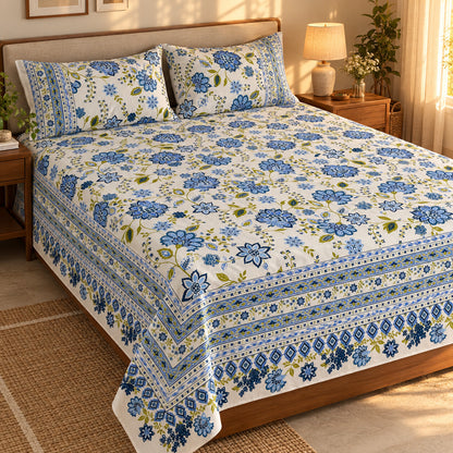 Blue Blossom Rangrez Bedsheet - BS_RZ_KS_007 - golden hour