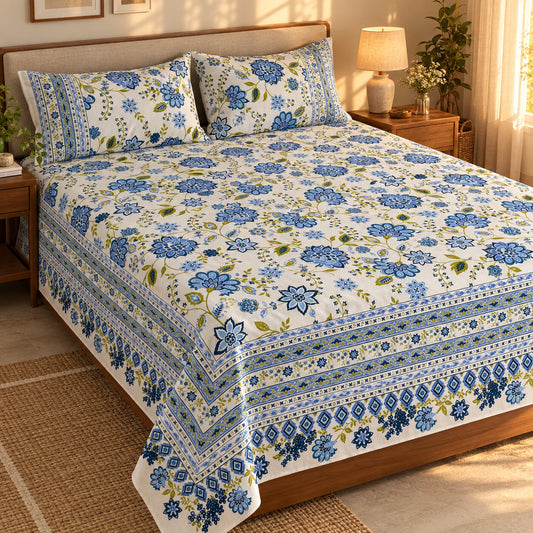 Blue Blossom Rangrez Bedsheet - BS_RZ_KS_007 - golden hour