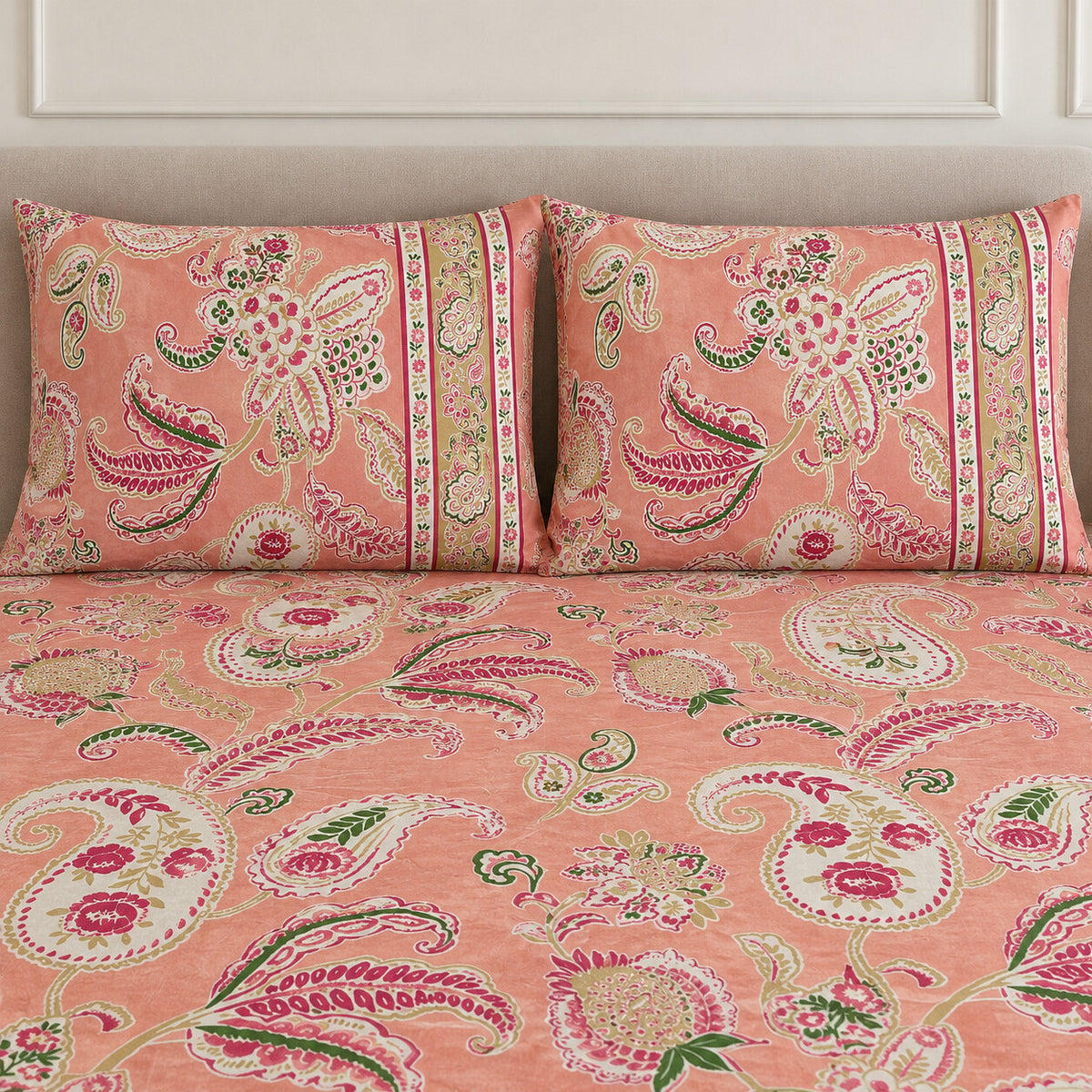 Peach Paisley Rangrez Bedsheet - BS_RZ_KS_008 - pillow covers