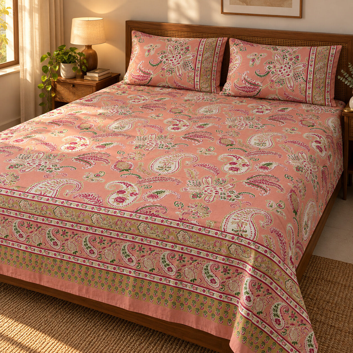 Peach Paisley Rangrez Bedsheet - BS_RZ_KS_008 - golden hour